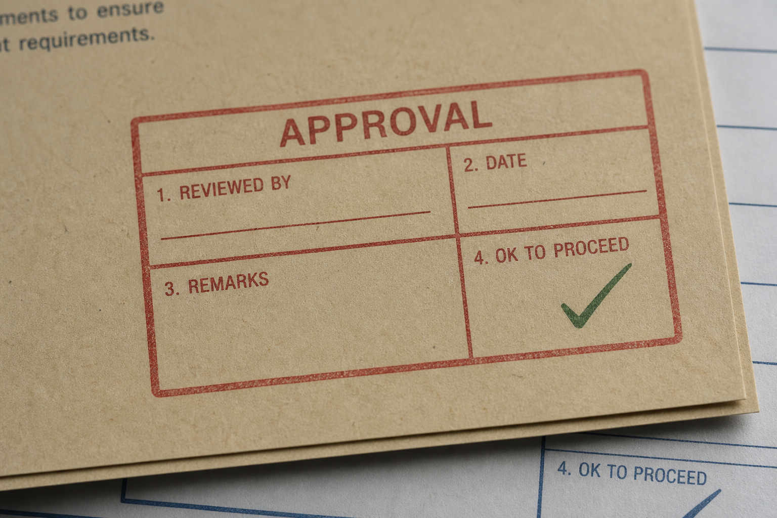 Heavy red approval block stamped on manila engineering paper