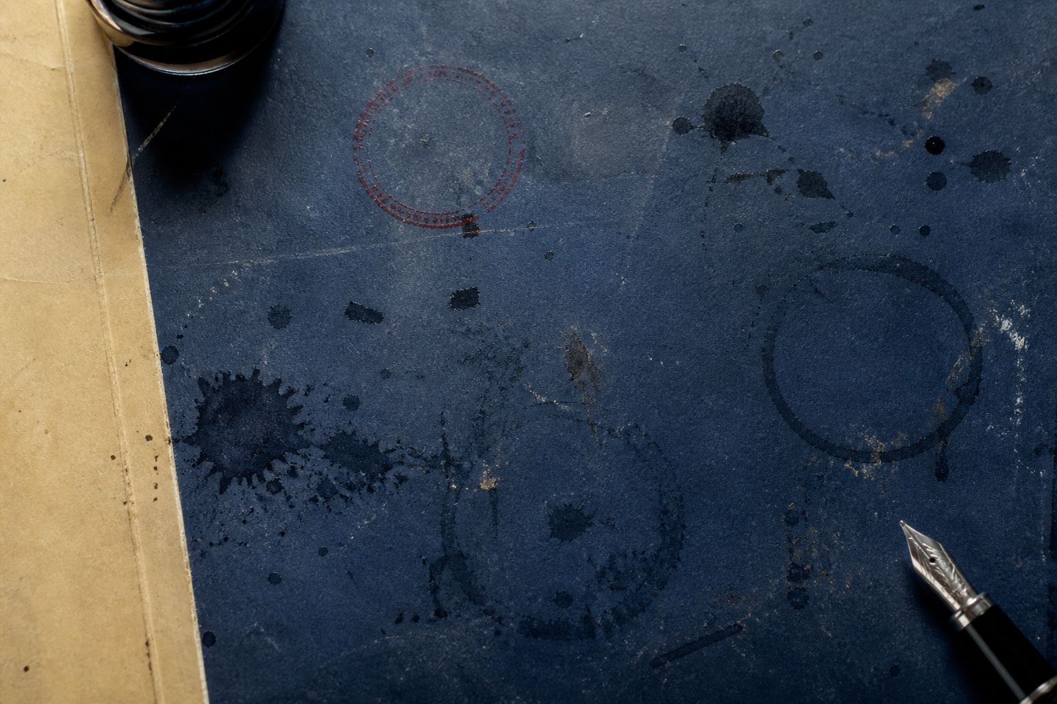 Ink-stained blotter desk with abstract circular stamp rings