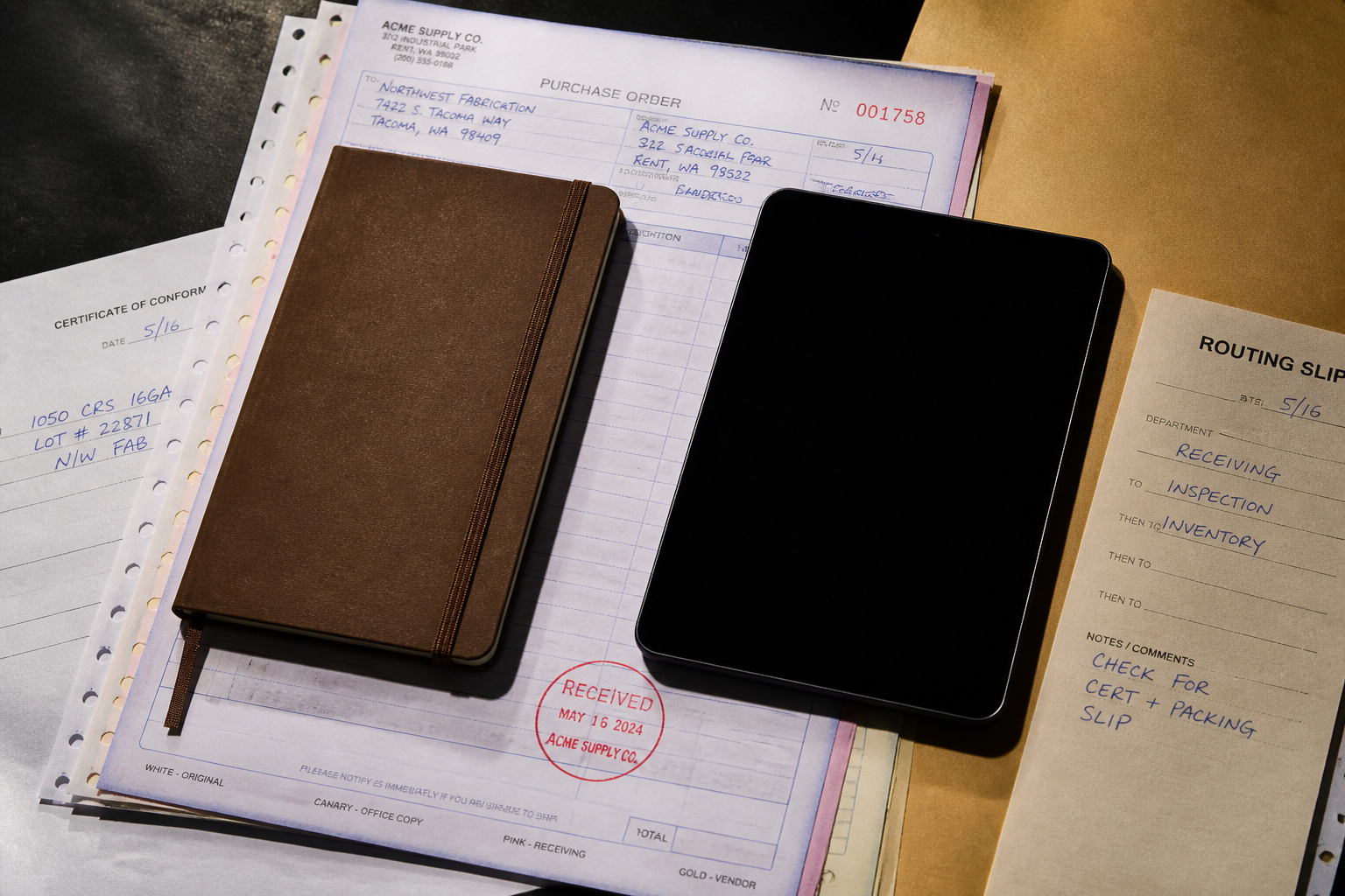 Notebook and dark tablet resting on carbon-copy forms with a red stamp