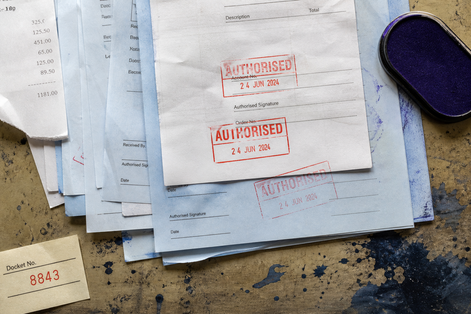 Overhead authorisation imprint table with carbon copies and red stamp marks